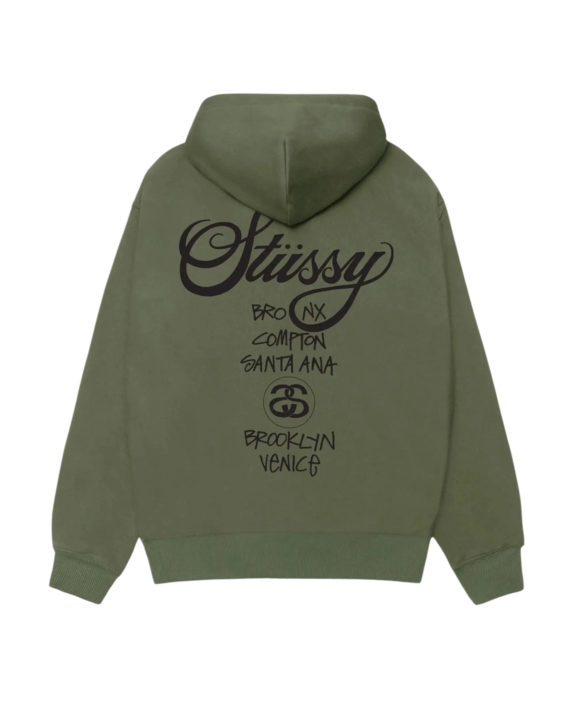 Light green stussy world tour pullover hoodie with black cursive branding and city names printed on the back side