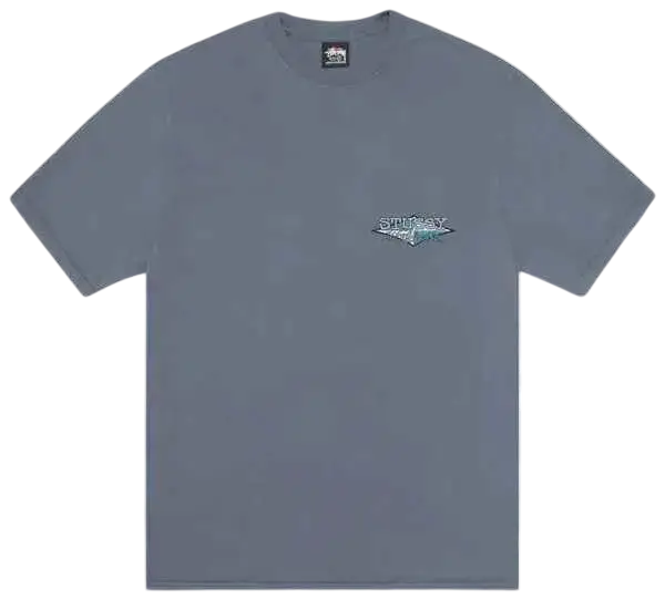Gray Stussy t-shirt with a small embroidered logo on the chest from the Stussy Worldwide Diamond Tee Navy collection