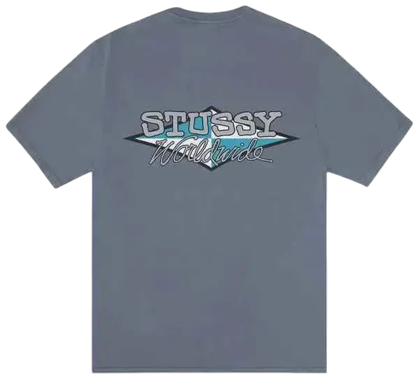 Gray Stussy worldwide t-shirt with teal and white graphic design featuring diamond logo on navy cotton fabric