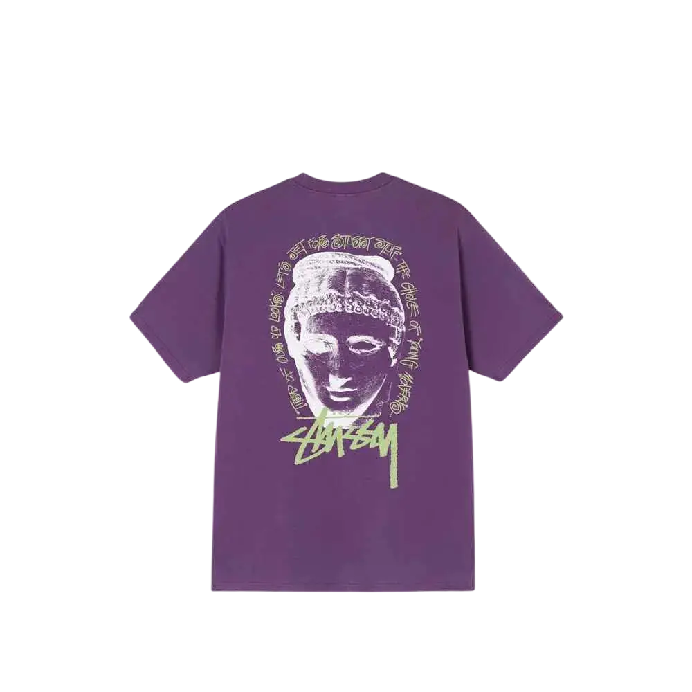 Purple Stussy Young Modern tee featuring a white classical bust graphic and neon green brand logo on cotton fabric