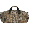 Supreme denim duffle camo fw25 bag with camouflage pattern black handles and prominent white logo patch