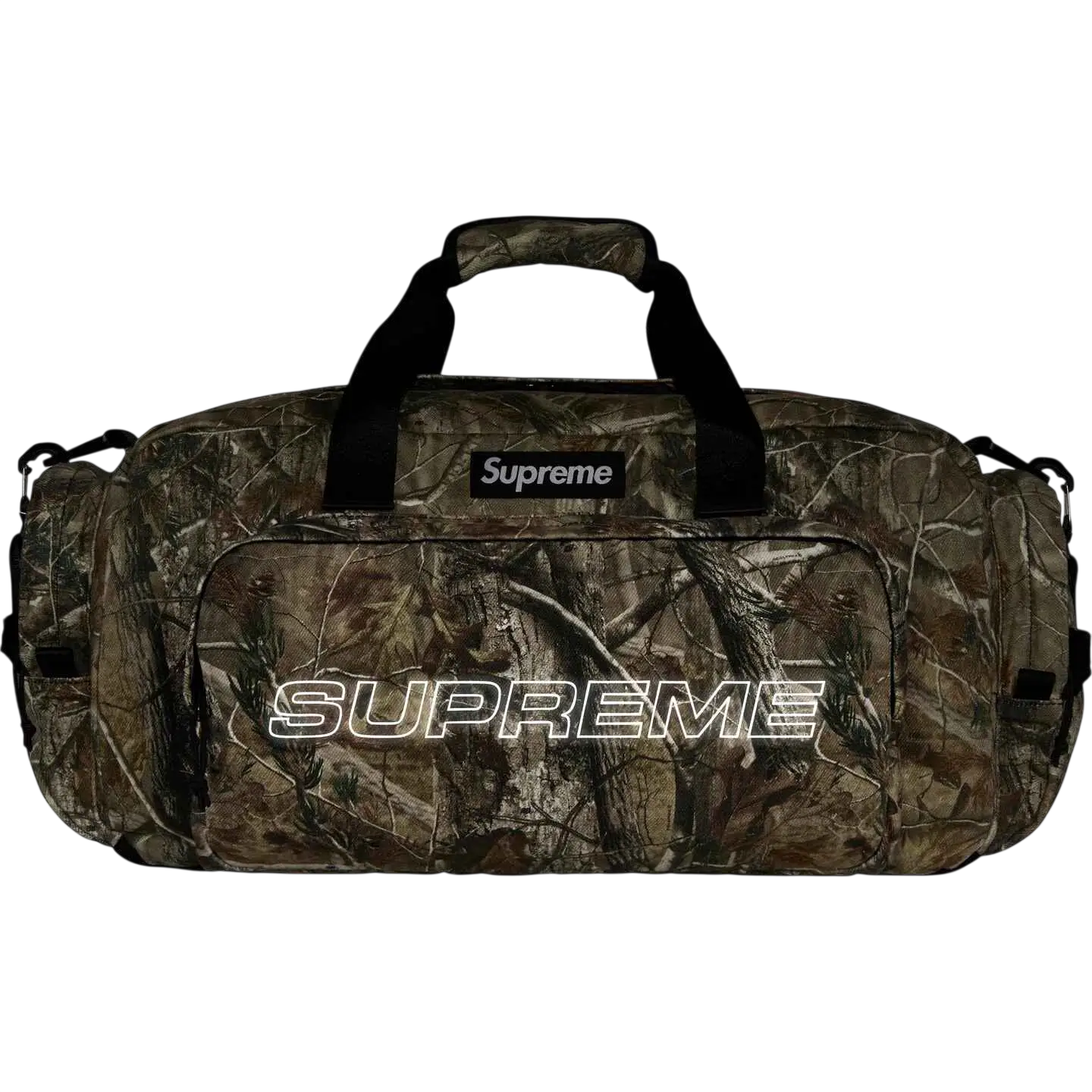 Supreme denim duffle camo fw25 camouflage pattern with glowing white lettering and black handles bag