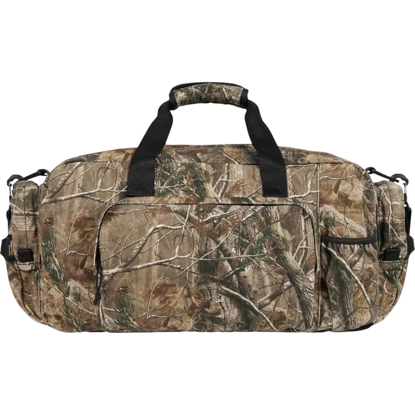 Supreme denim duffle camo FW25 camouflage patterned duffel bag with black handles and zippers for versatile use