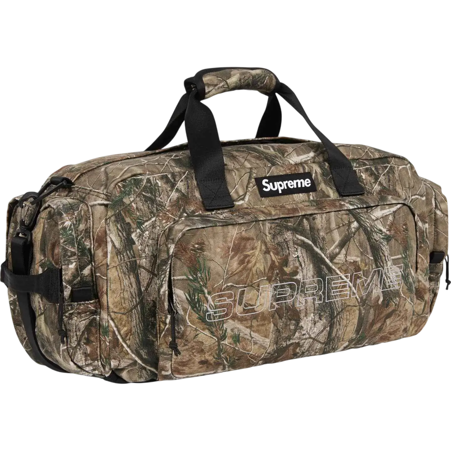 Supreme denim duffle camo with camouflage pattern black handles and prominent white logo fw25 collection bag
