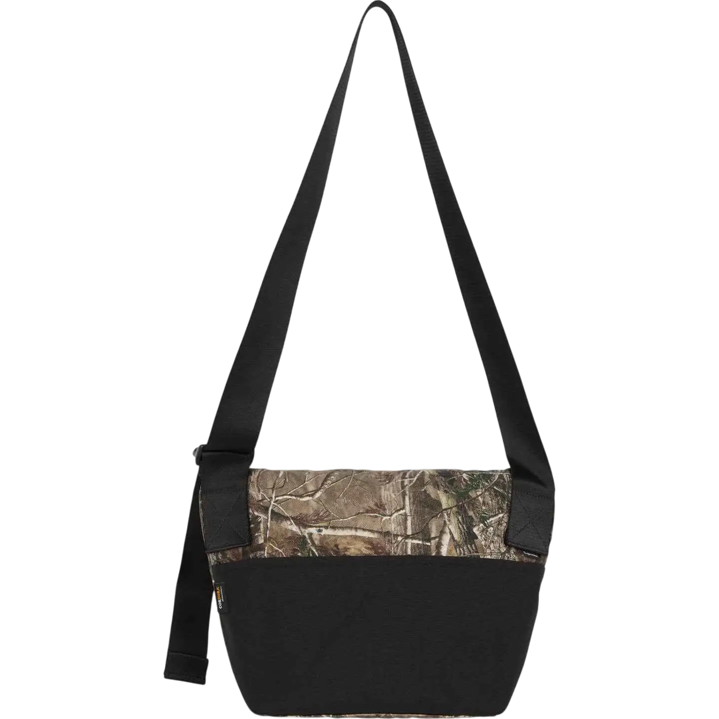 Black Supreme denim messenger bag with camouflage front panel designed for durable everyday use