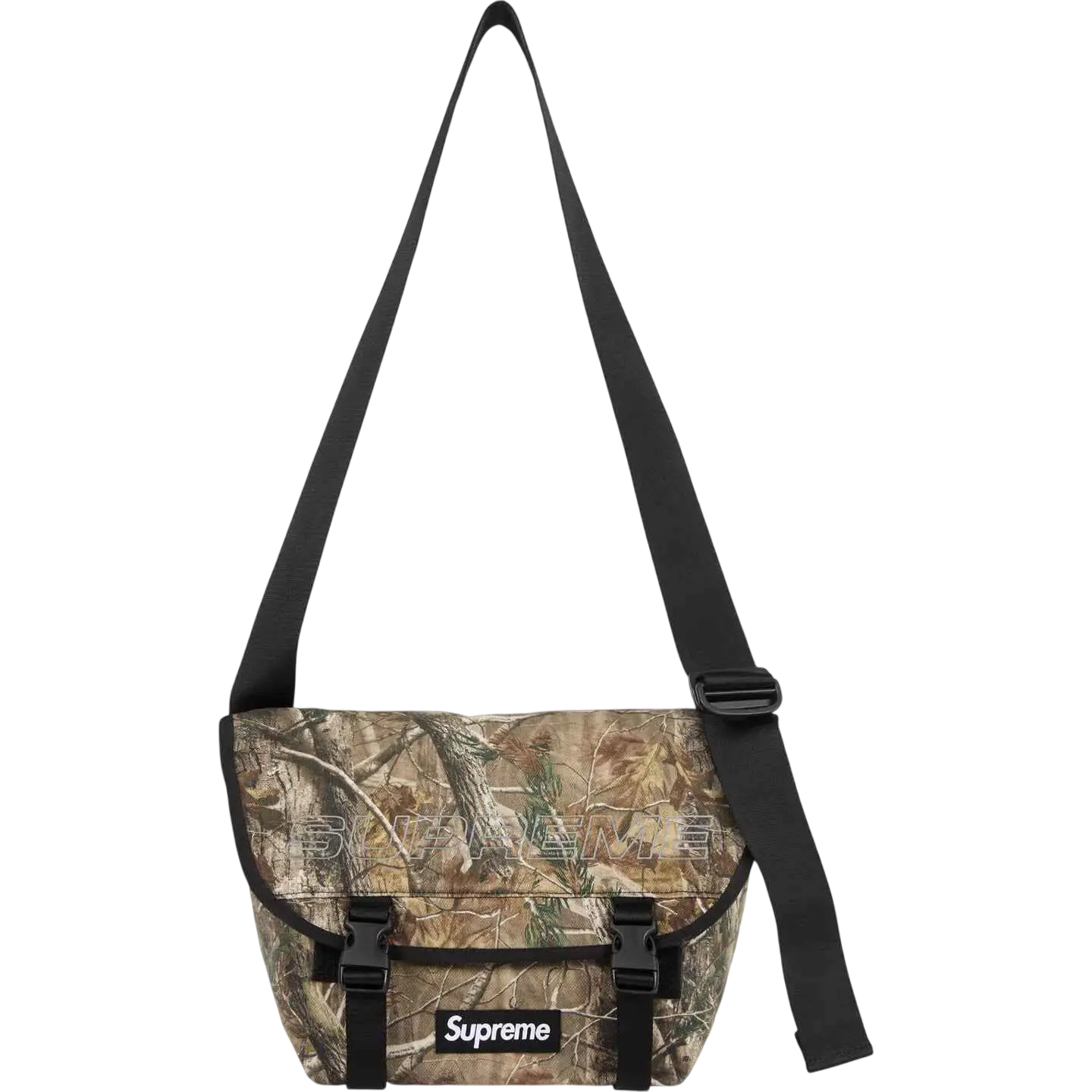 Supreme denim messenger bag camo FW25 with camouflage pattern, black straps, and white logo patch