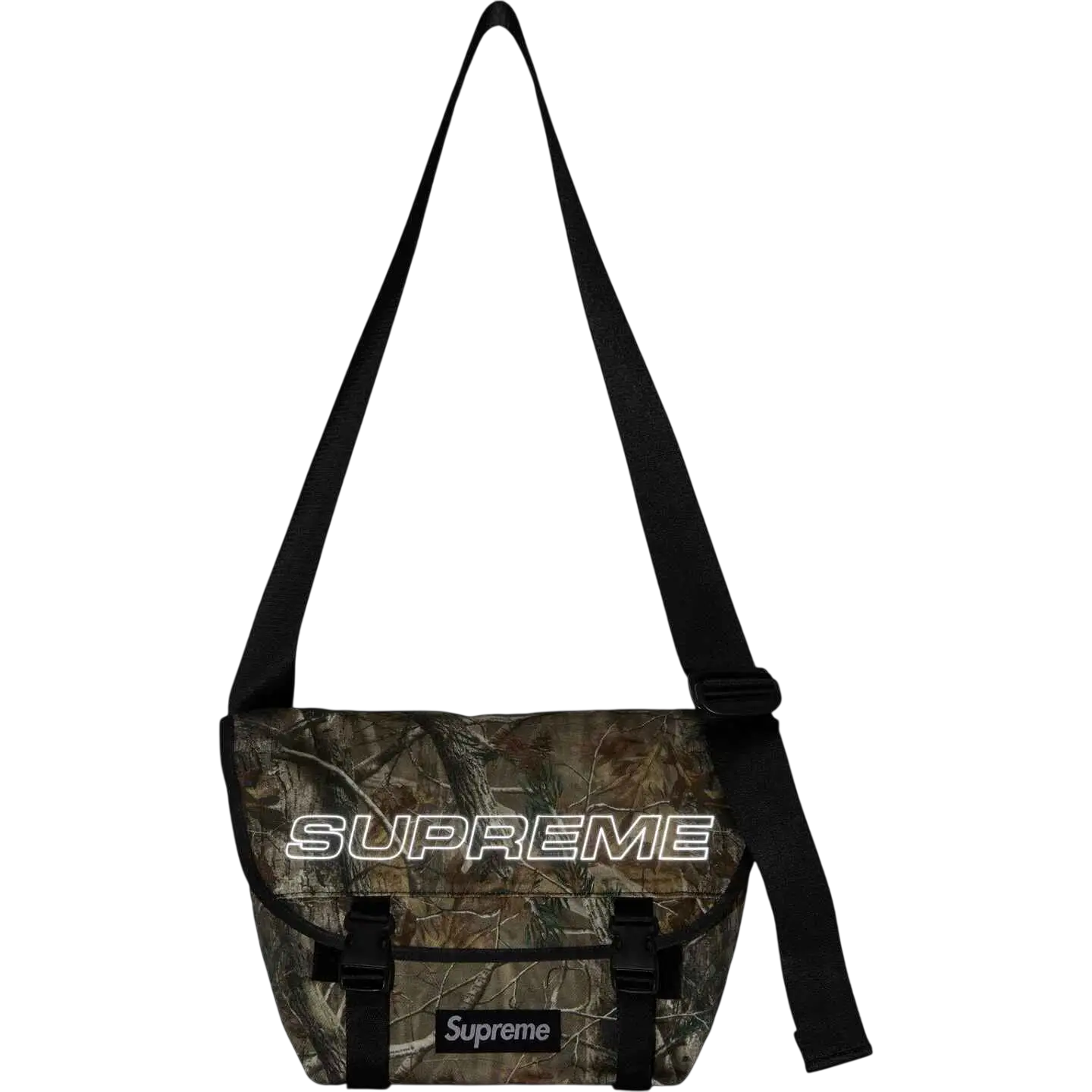 Supreme denim messenger bag camo FW25 with camouflage pattern black strap and adjustable buckle