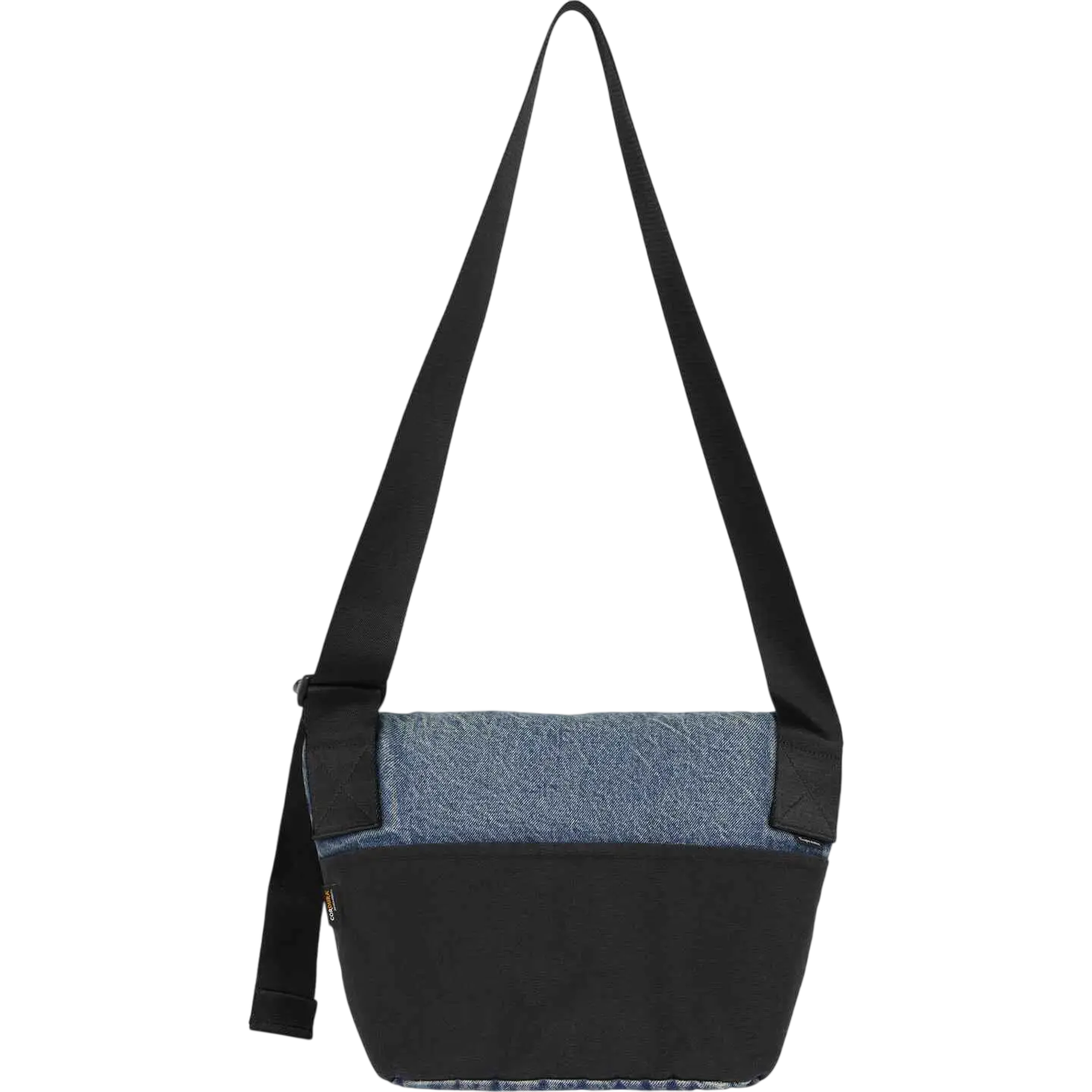 Supreme denim messenger bag washed indigo with black body and textured blue fabric panel on the front