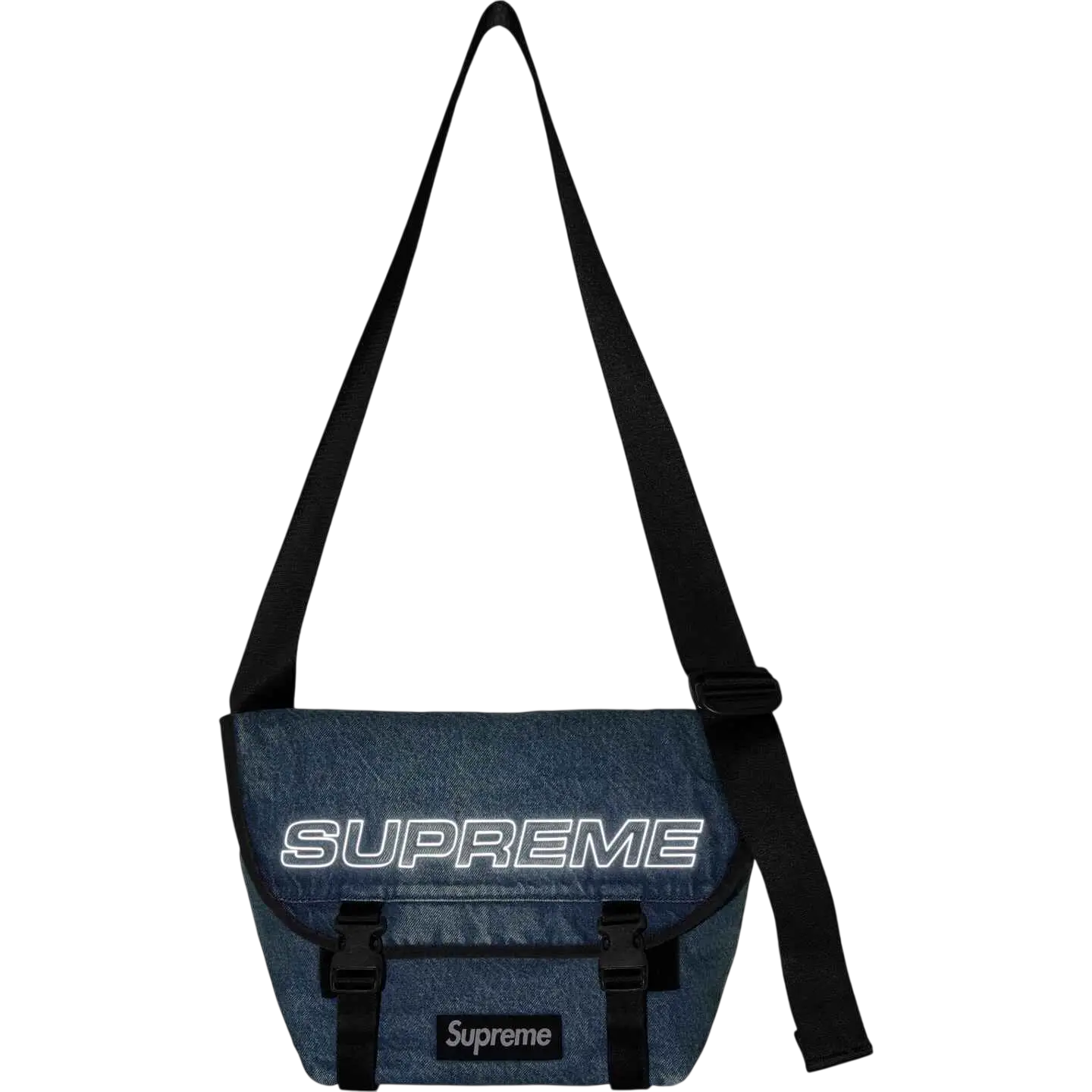 Blue denim Supreme messenger bag in washed indigo with glowing white logo and black strap for FW25 collection