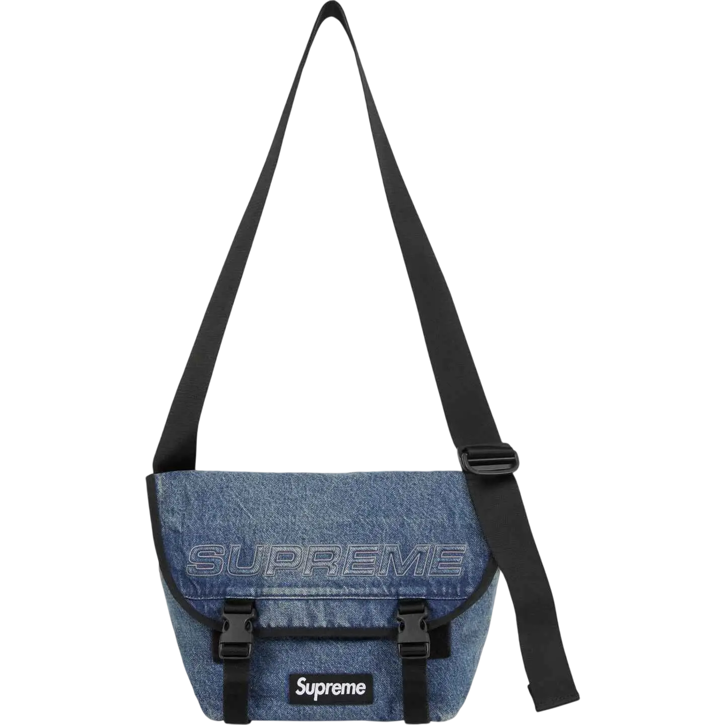 Blue denim supreme messenger bag with black strap and logo patches in washed indigo for fw25 collection