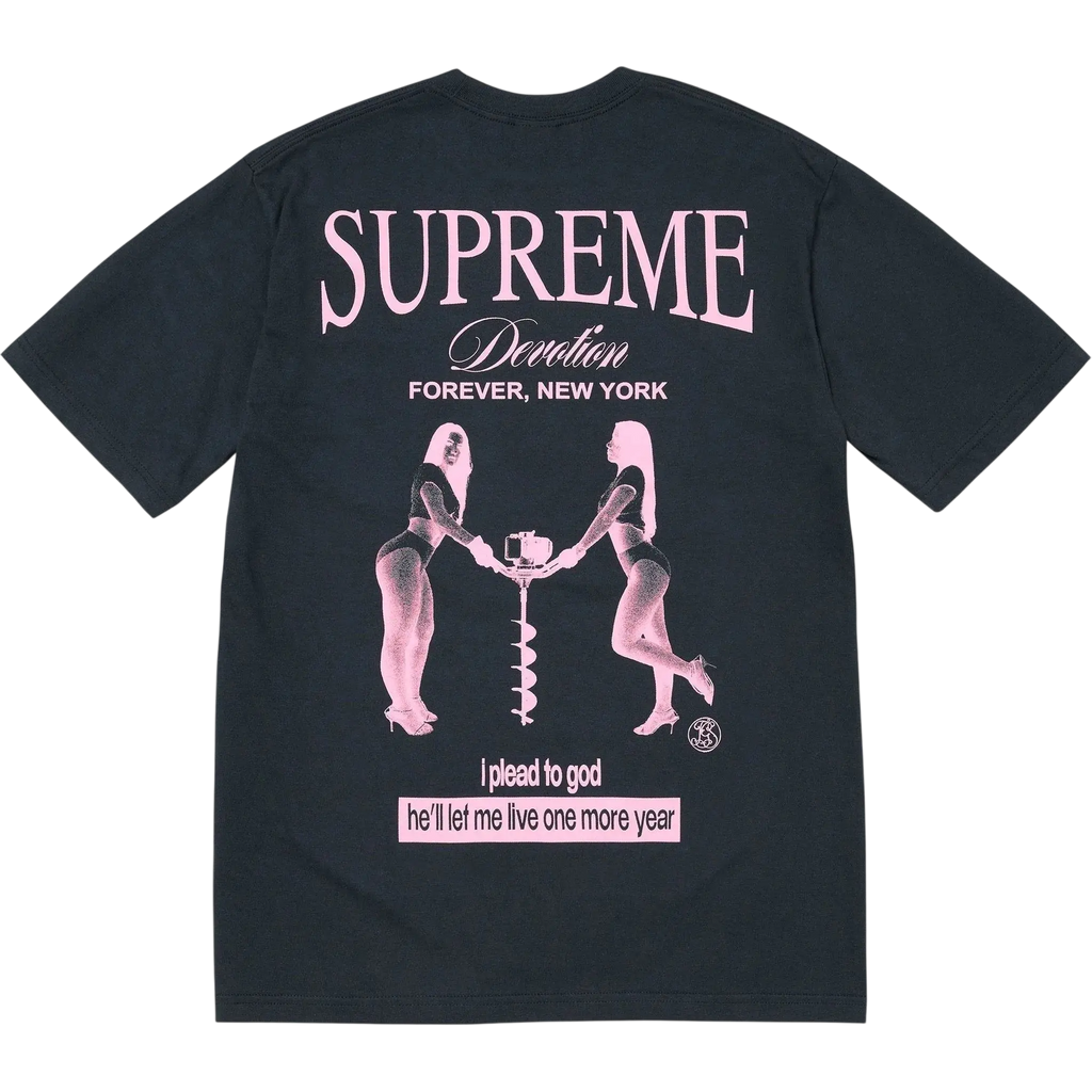 Black supreme devotion t-shirt with pink graphic of two women holding a spiral drill and new york text