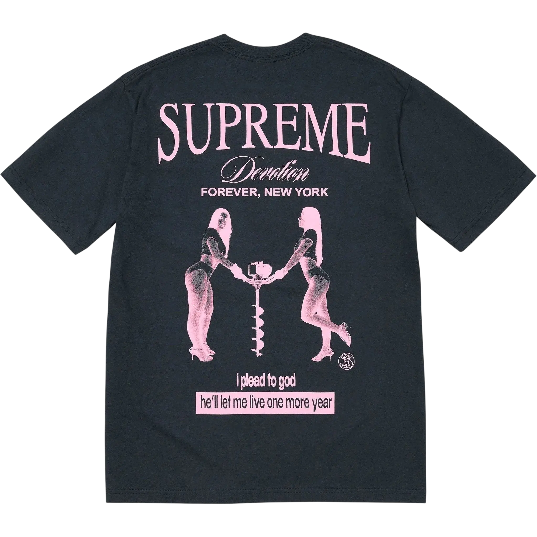 Black supreme devotion t-shirt with pink graphic of two women holding a spiral drill and new york text