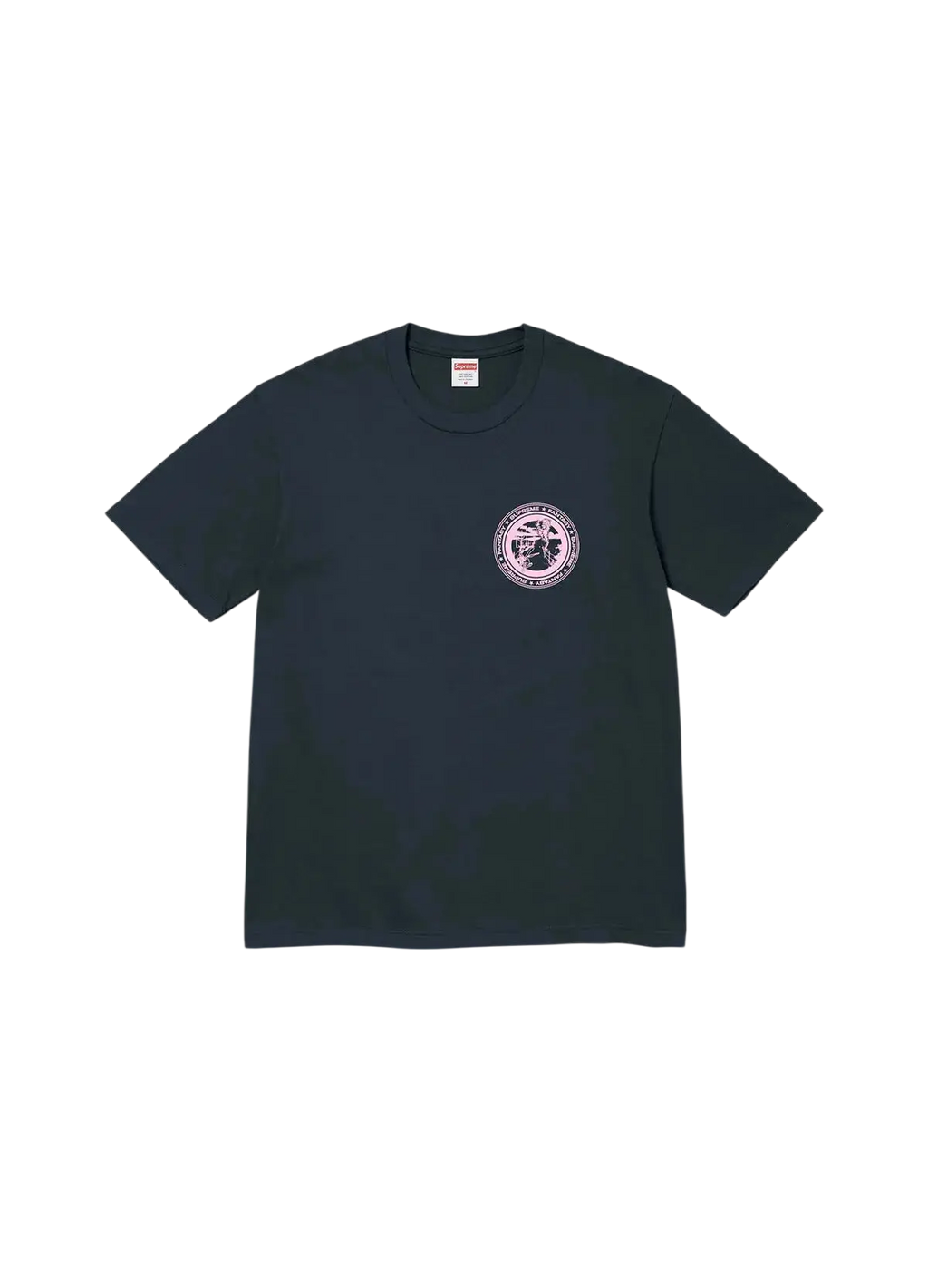 Dark green short-sleeved Supreme Devotion T-shirt with a circular pink and white graphic on the chest