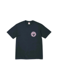 Dark green short-sleeved Supreme Devotion T-shirt with a circular pink and white graphic on the chest