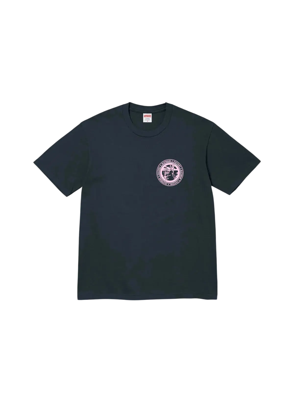 Dark green short-sleeved Supreme Devotion T-shirt with a circular pink and white graphic on the chest