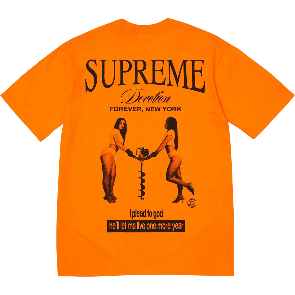 Orange Supreme devotion t-shirt featuring black graphic of two women with ice auger and New York text