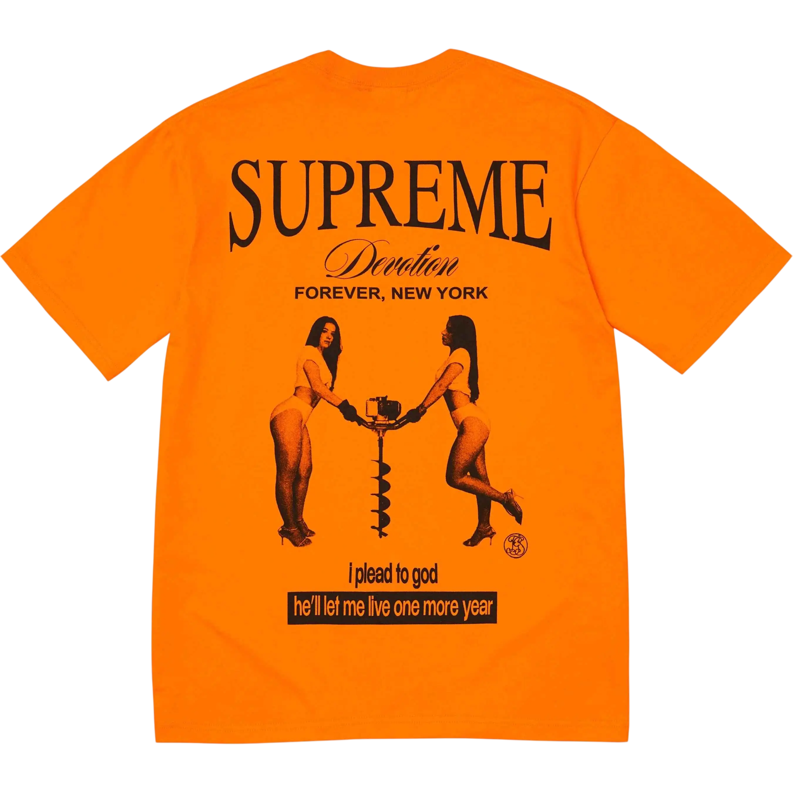 Orange Supreme devotion t-shirt featuring black graphic of two women with ice auger and New York text