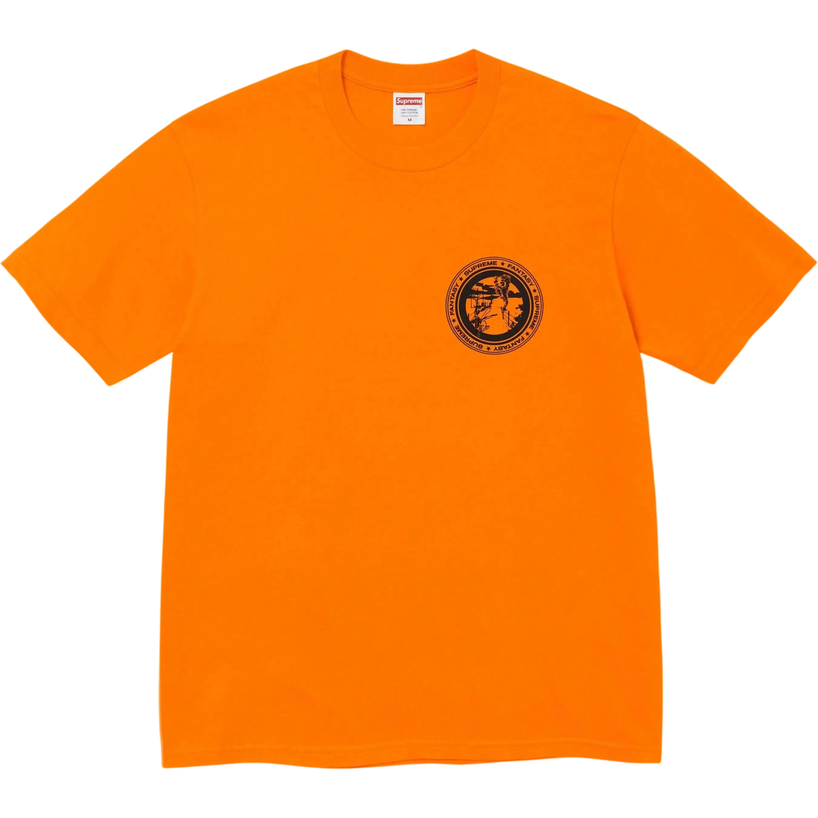 Bright orange supreme devotion t-shirt with short sleeves and a black circular graphic on the left chest