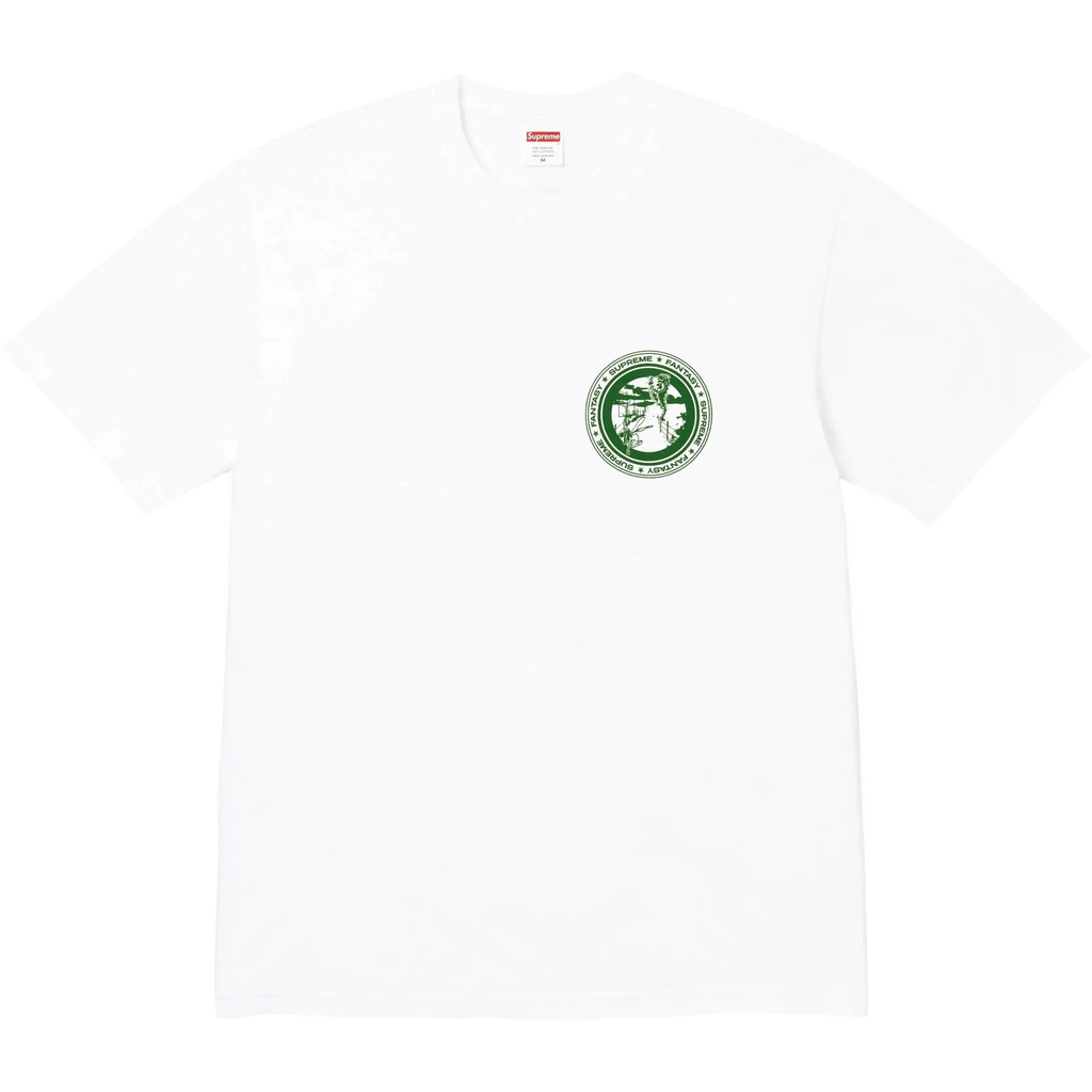 White supreme devotion t-shirt with a green circular graphic on the chest in cotton material