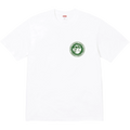 White supreme devotion t-shirt with a green circular graphic on the chest in cotton material