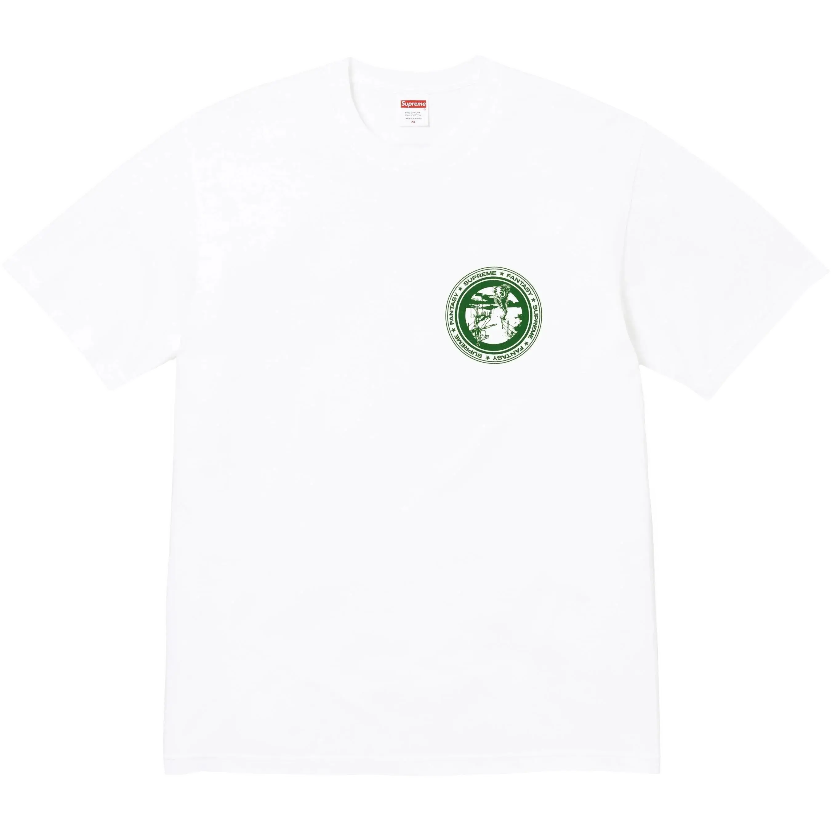 White supreme devotion t-shirt with a green circular graphic on the chest in cotton material
