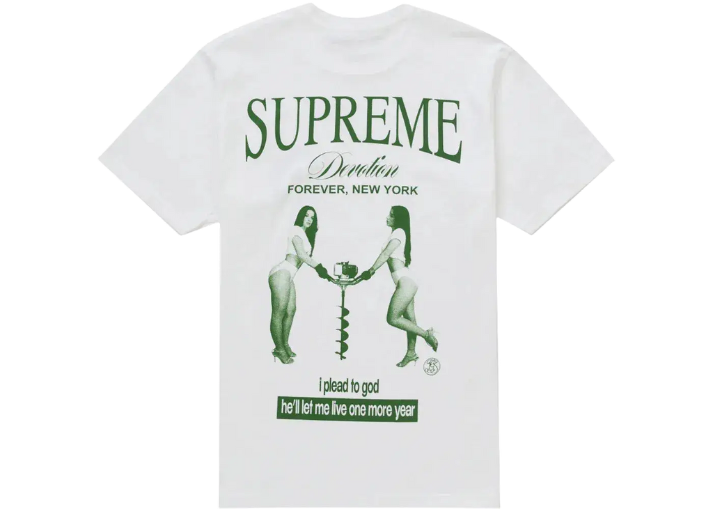 White supreme devotion t-shirt featuring a green graphic of two women with ice cream and New York text