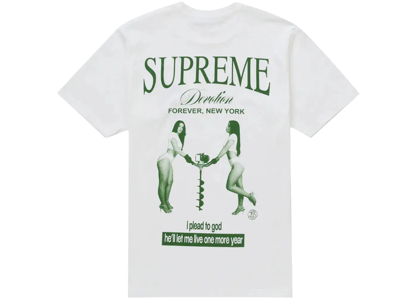 White supreme devotion t-shirt featuring a green graphic of two women with ice cream and New York text