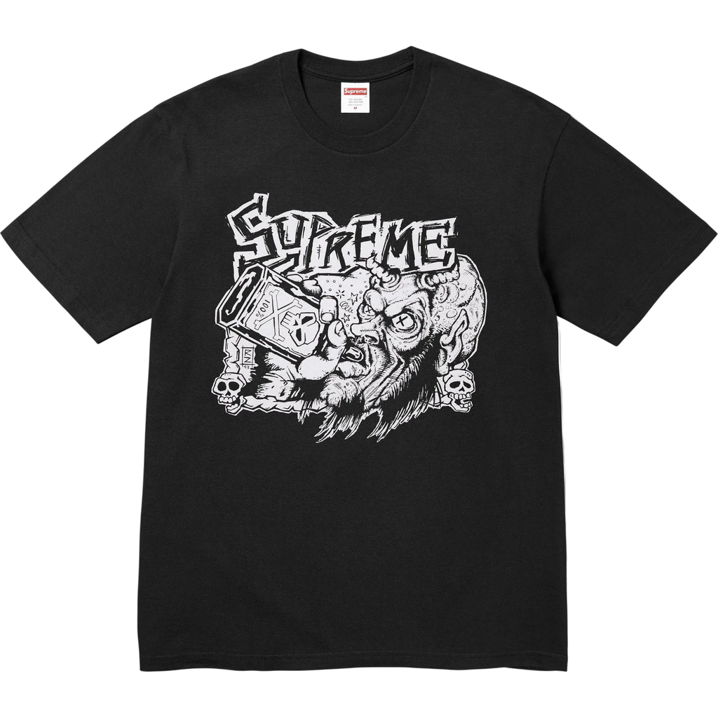 Black supreme fuckin blowout t-shirt with a bold white graphic of a bearded figure holding a cassette tape and logo above