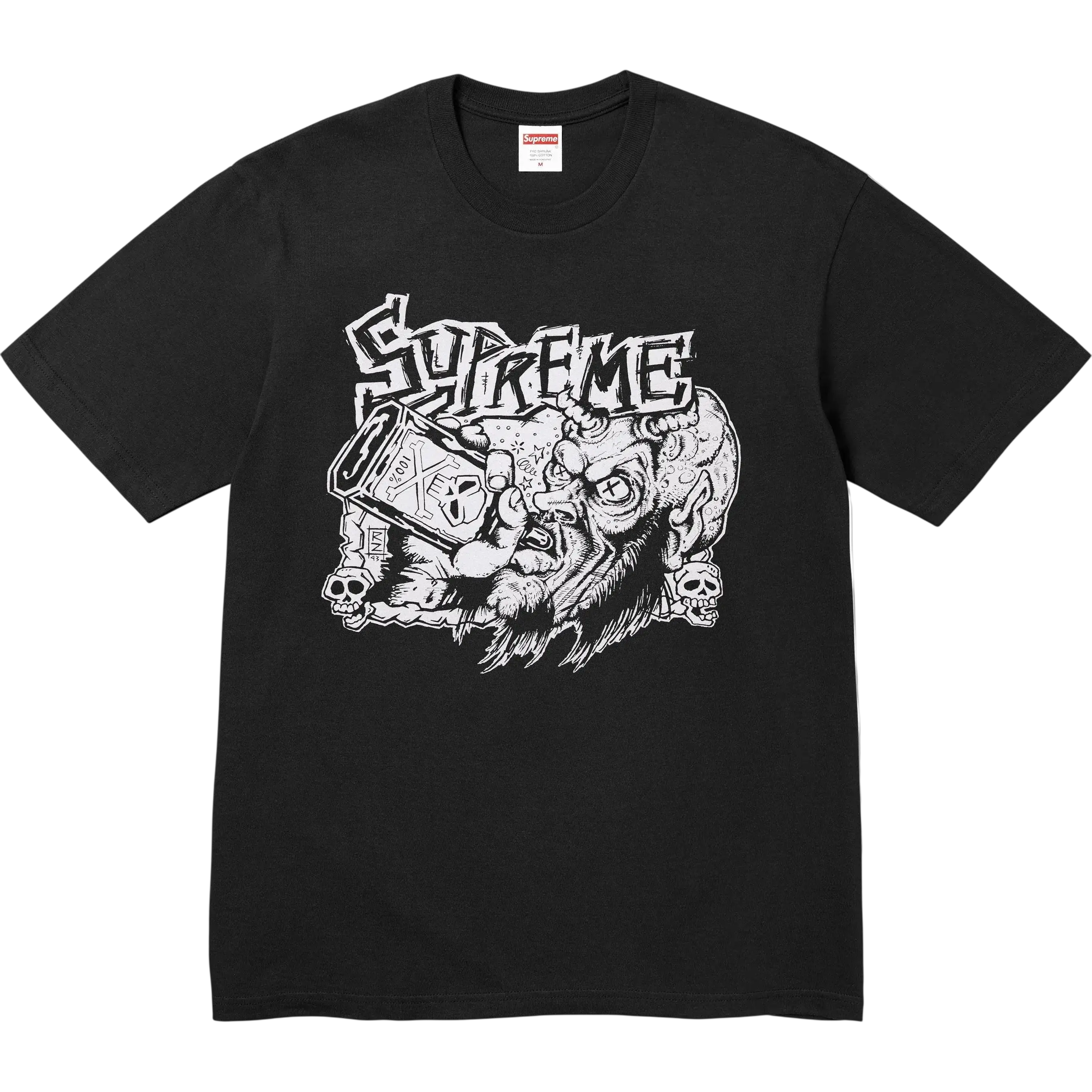 Black supreme fuckin blowout t-shirt with a bold white graphic of a bearded figure holding a cassette tape and logo above