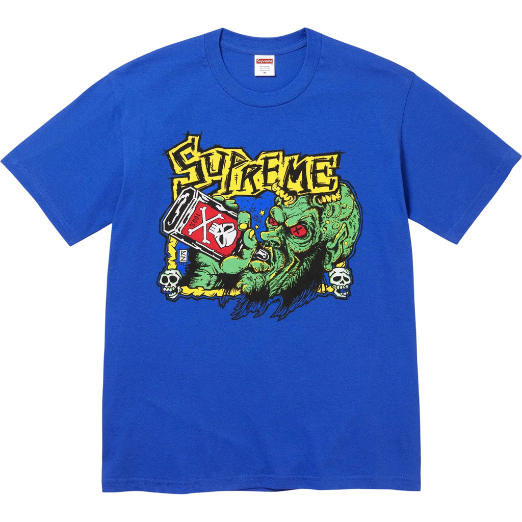 Blue supreme fuckin blowout t-shirt featuring a green zombie graphic with yellow lettering and skulls on front