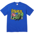 Blue supreme fuckin blowout t-shirt featuring a green zombie graphic with yellow lettering and skulls on front