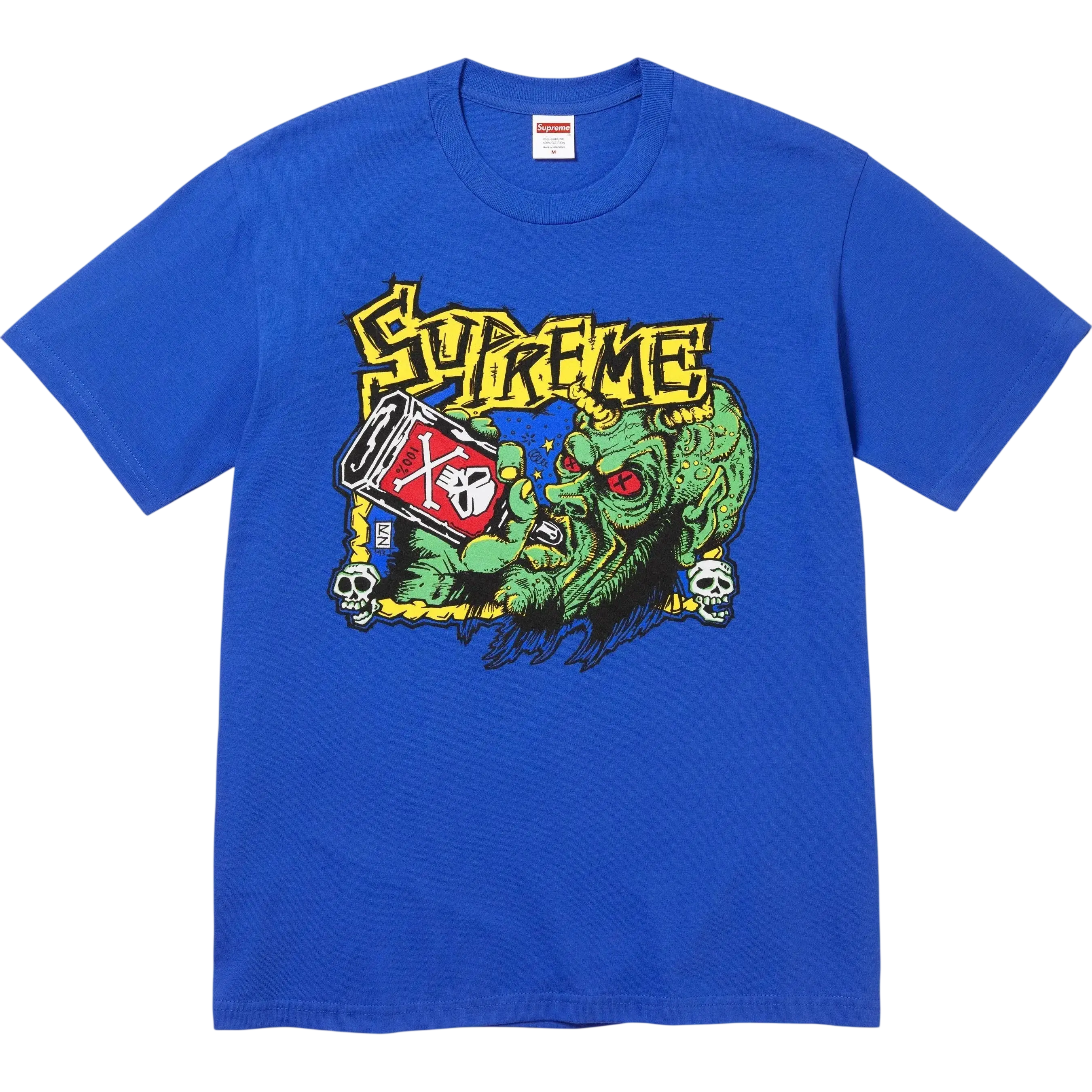Blue supreme fuckin blowout t-shirt featuring a green zombie graphic with yellow lettering and skulls on front