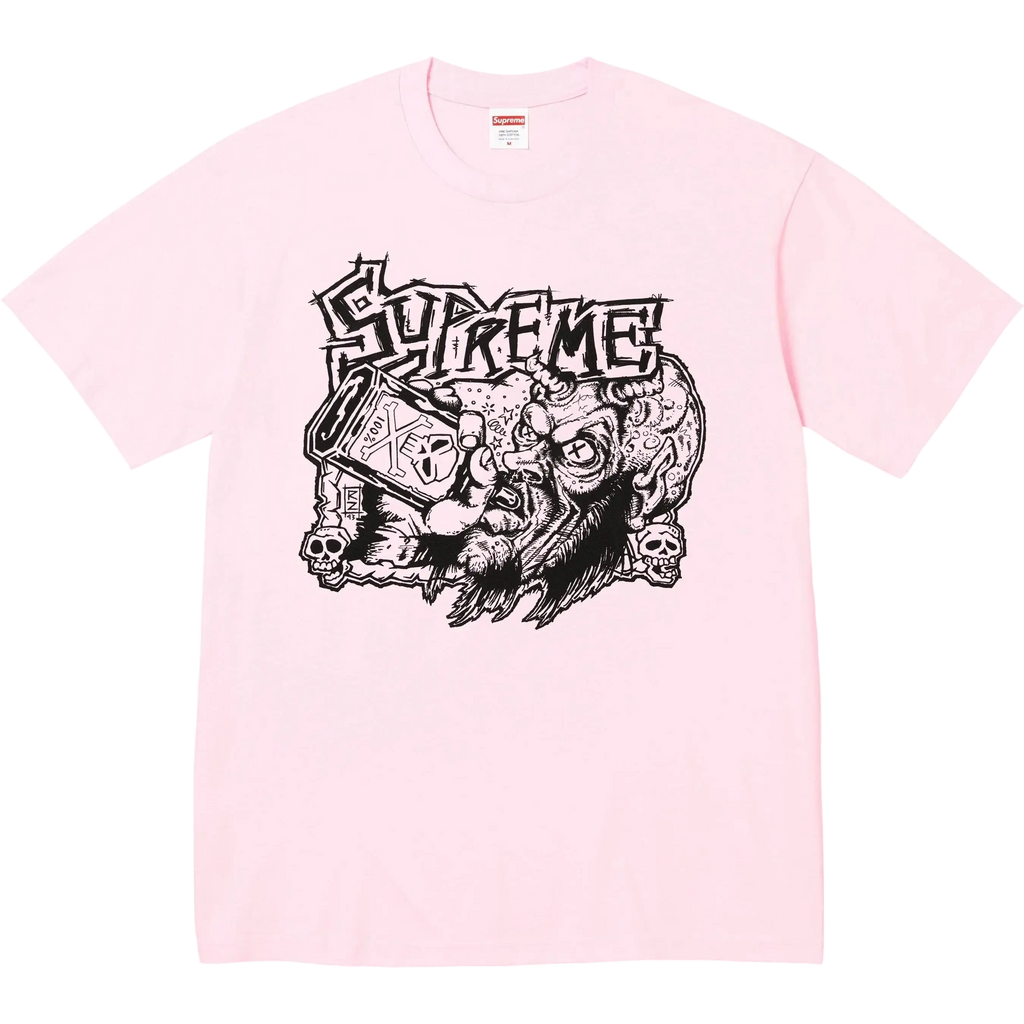 Pink supreme fuckin blowout t-shirt with black demonic face graphic holding xoxo box and skulls on front