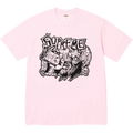 Pink supreme fuckin blowout t-shirt with black demonic face graphic holding xoxo box and skulls on front