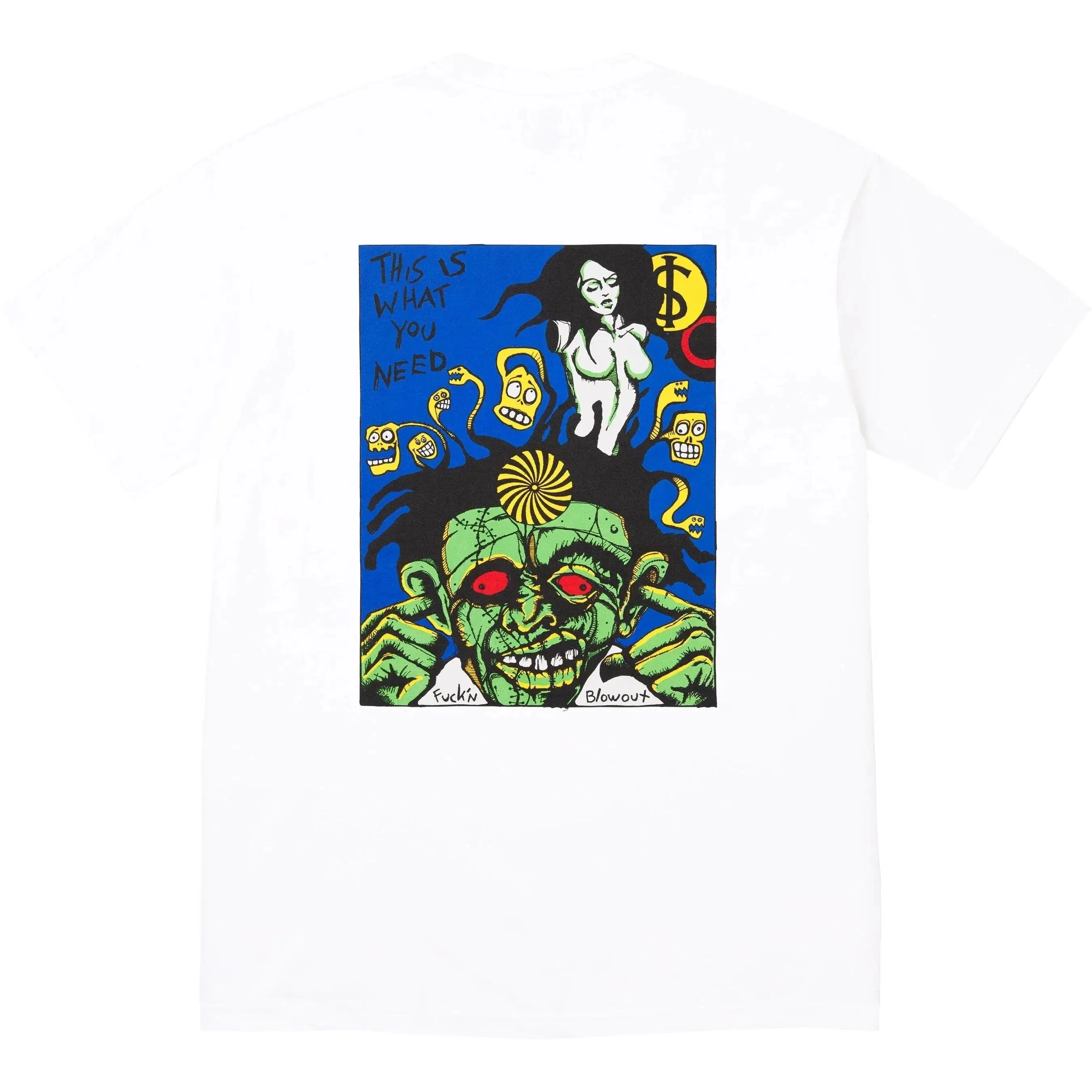 White supreme fuckin blowout t-shirt with vibrant cartoon green zombie red eyes yellow skulls on blue background graphic