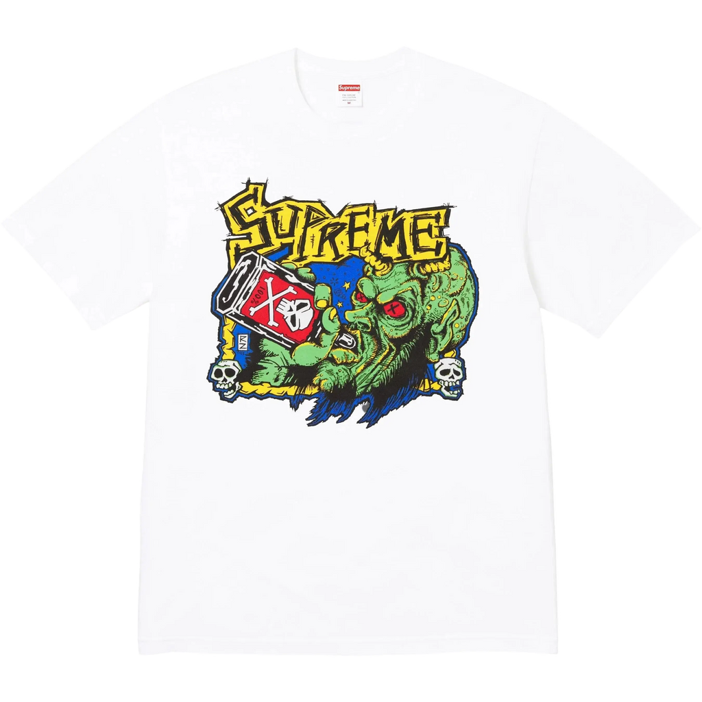 White Supreme Fuckin Blowout t-shirt featuring a green zombie graphic with red eyes holding a red and white box surrounded by skulls