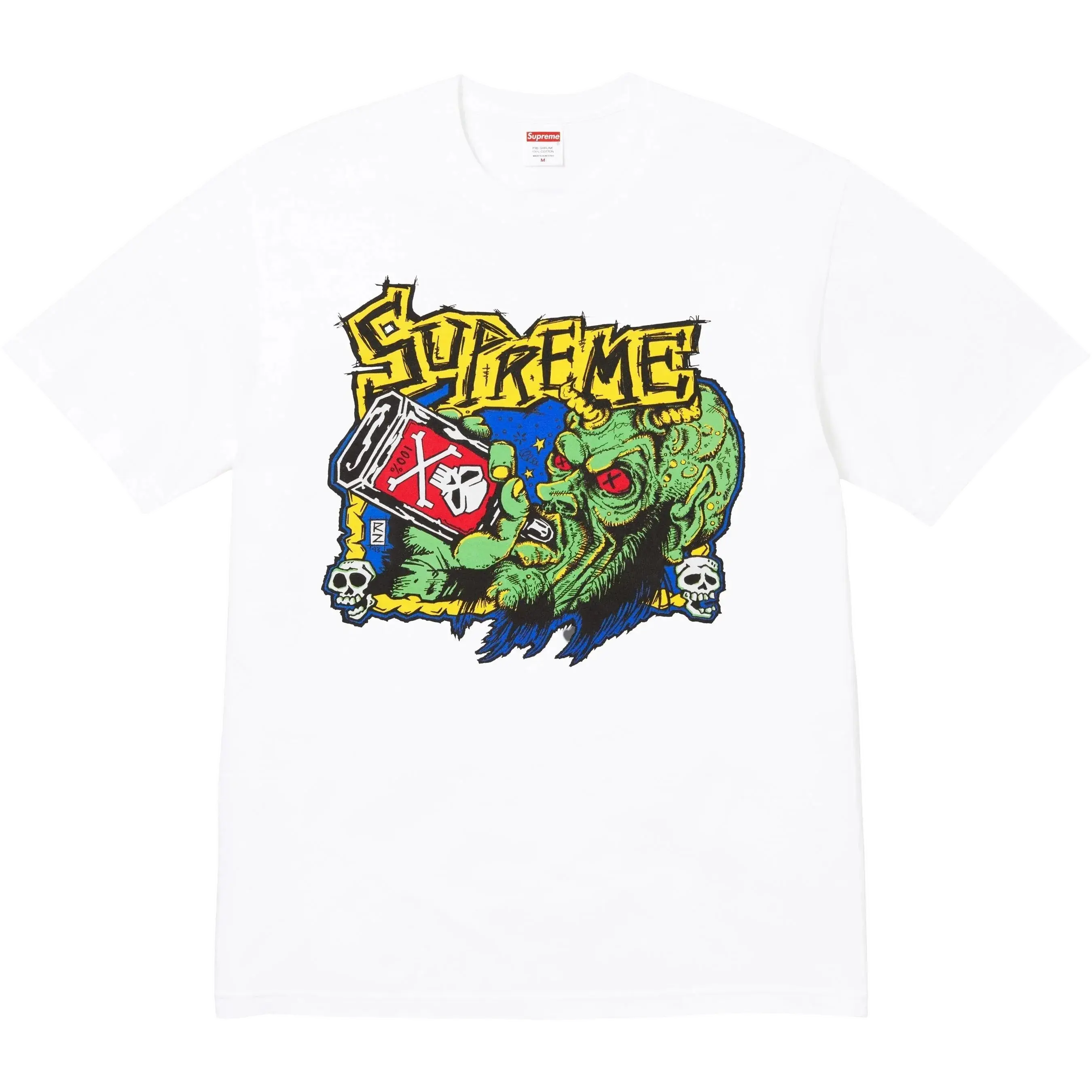 White Supreme Fuckin Blowout t-shirt featuring a green zombie graphic with red eyes holding a red and white box surrounded by skulls