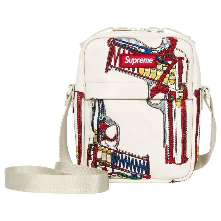 Supreme Guns Embroidered Leather Shoulder Bag White