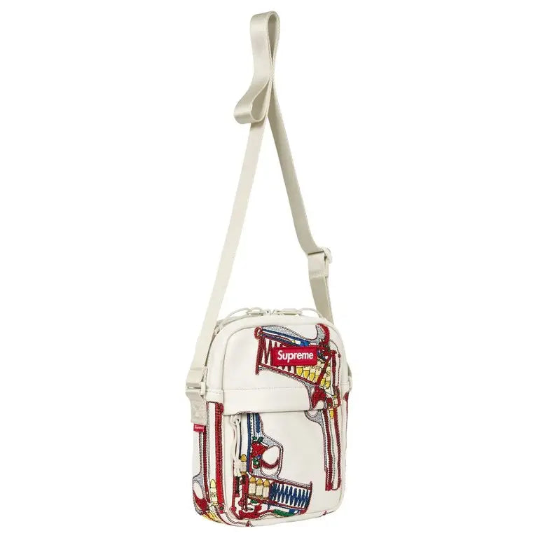 Supreme Guns Embroidered Leather Shoulder Bag White