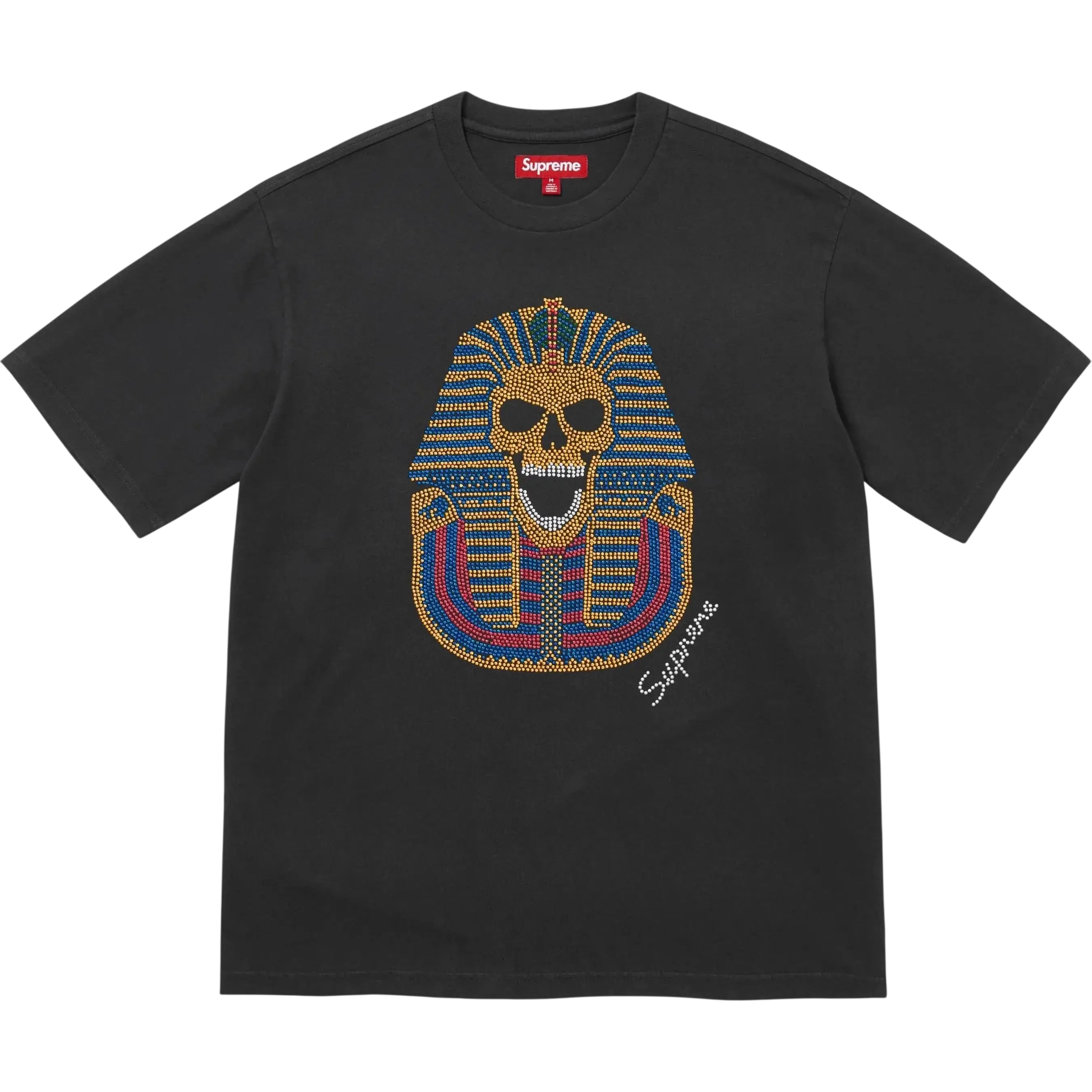 Dark gray Supreme King Tut short sleeve top featuring a skull with colorful rhinestone Egyptian pharaoh headdress