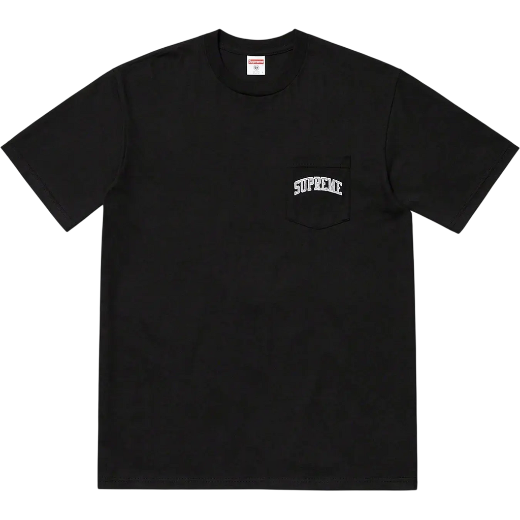 Black Supreme NFL x Raiders x 47 pocket tee featuring a white arched logo on the chest pocket