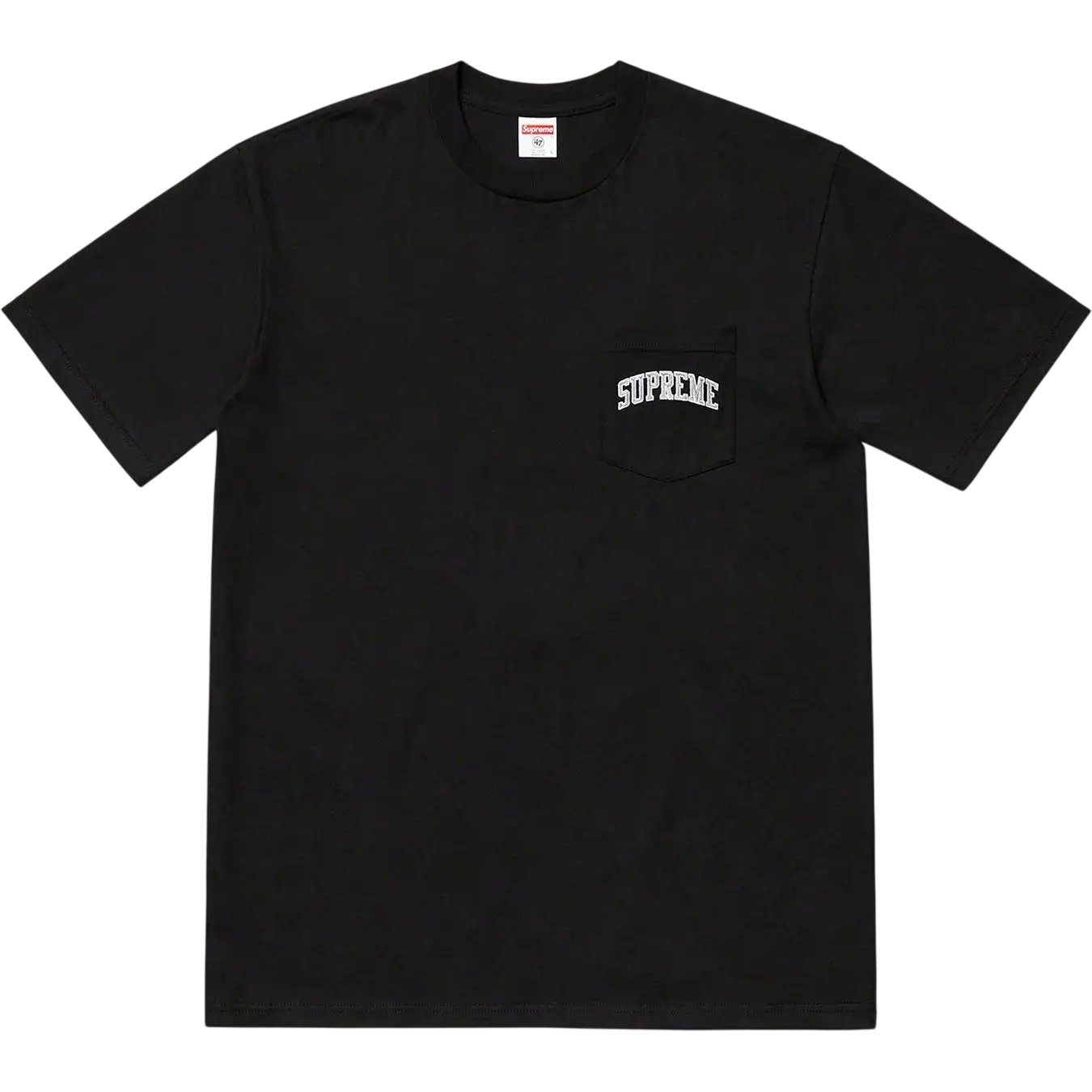 Black Supreme NFL x Raiders x 47 pocket tee featuring a white arched logo on the chest pocket