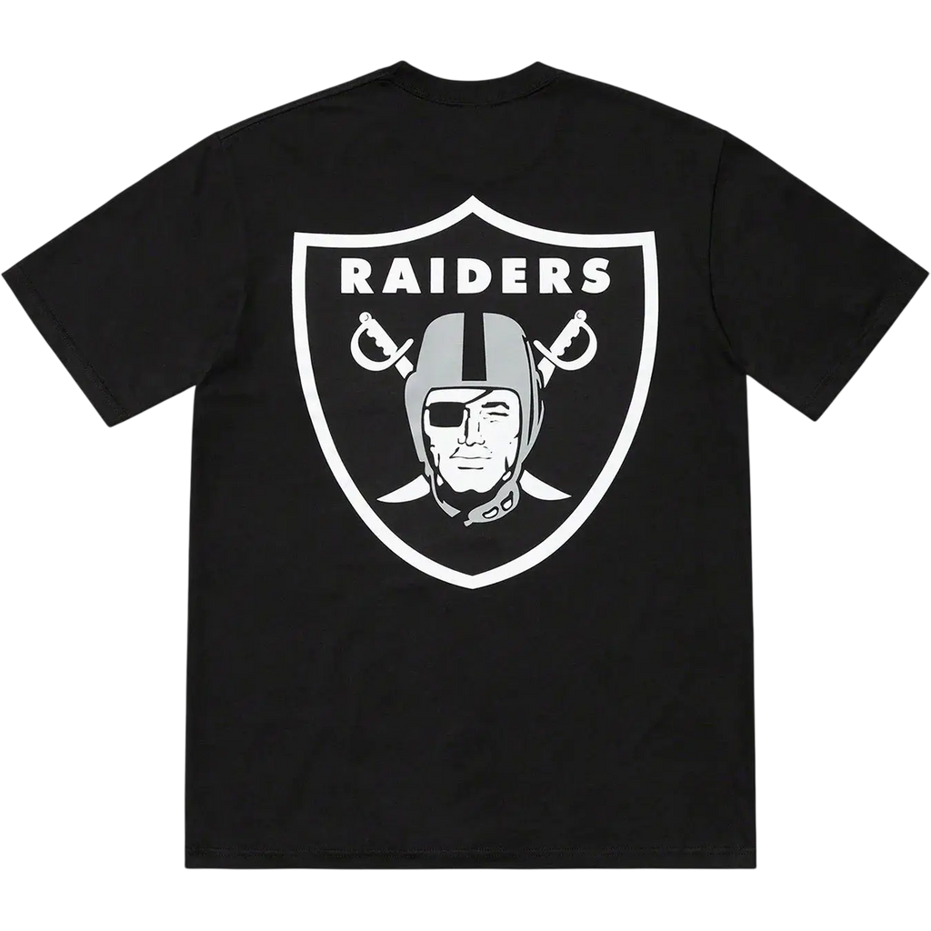 Black short-sleeved Supreme NFL x Raiders x 47 pocket tee featuring white shield logo with helmeted figure illustration