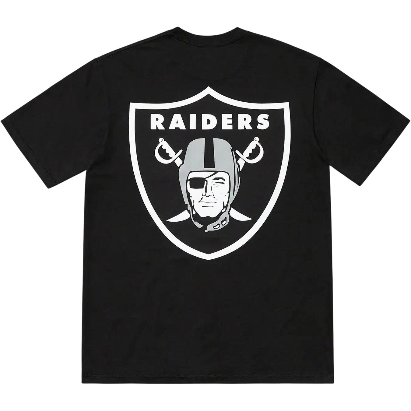 Black short-sleeved Supreme NFL x Raiders x 47 pocket tee featuring white shield logo with helmeted figure illustration