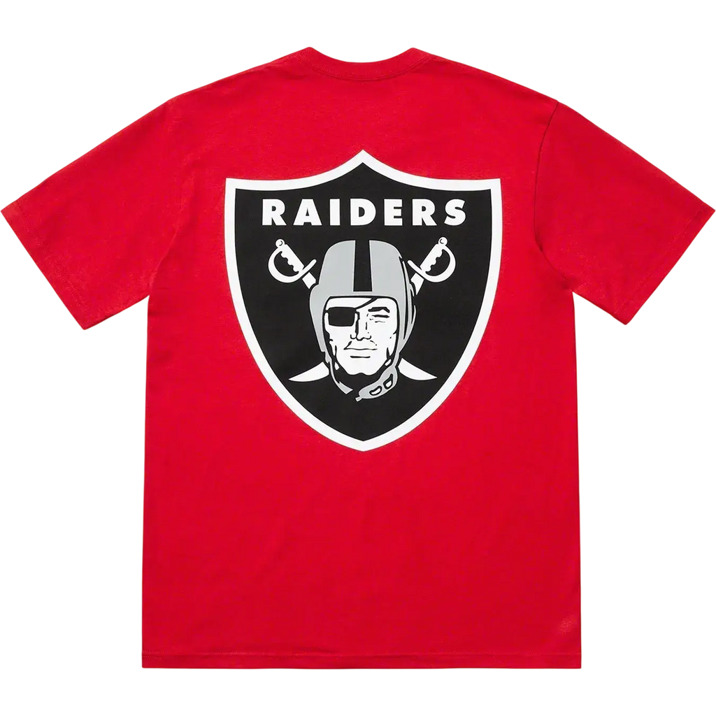 Red short-sleeved t-shirt featuring the oakland raiders black and white shield logo supreme nfl x raiders x 47 pocket tee