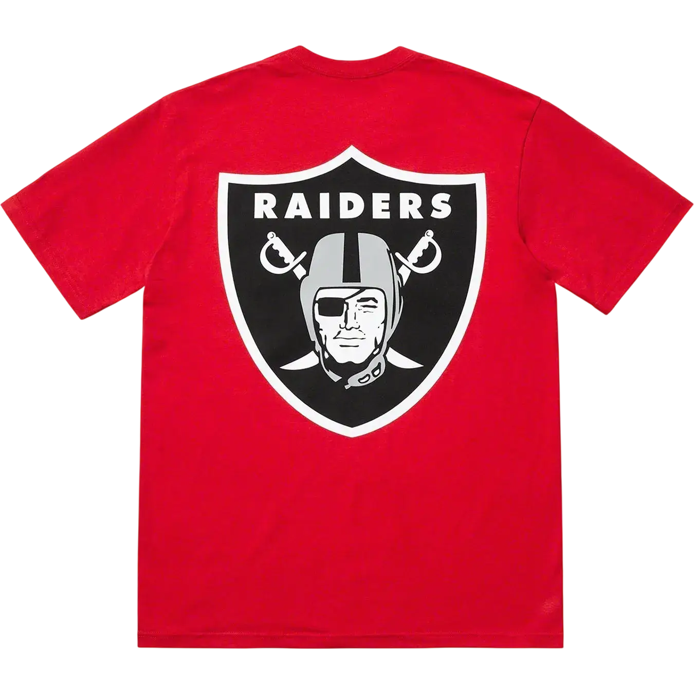 Red short-sleeved t-shirt featuring the oakland raiders black and white shield logo supreme nfl x raiders x 47 pocket tee