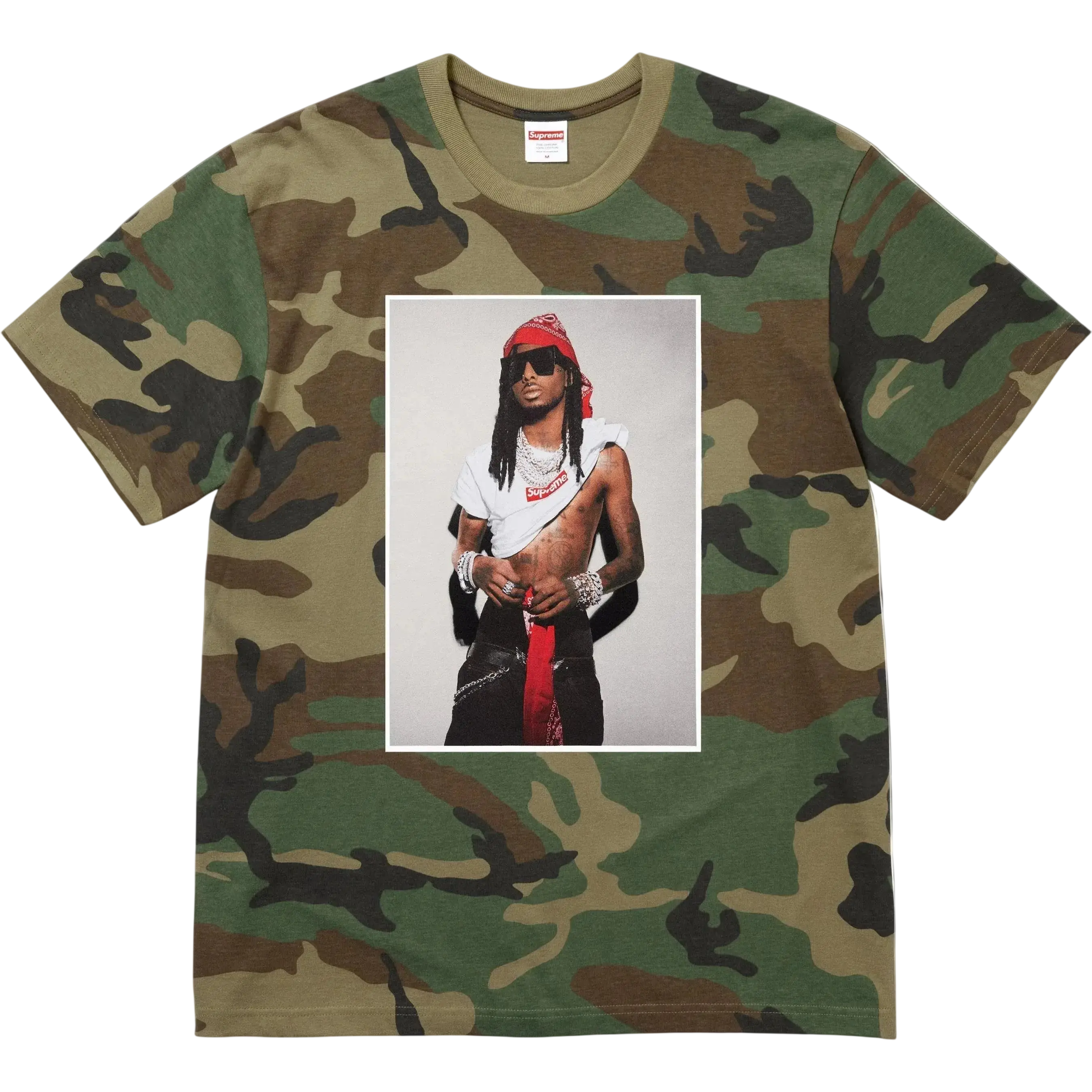 Camouflage-patterned supreme t-shirt with a printed portrait of rapper playboi carti in woodland camo colors