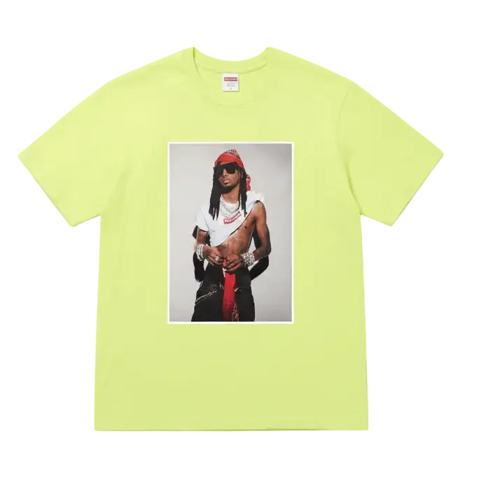 Neon yellow Supreme Playboi Carti t-shirt featuring a rectangular graphic of a man with sunglasses and red bandana