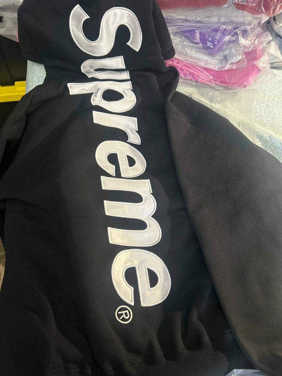 Supreme Satin Appliqué Hooded Sweatshirt (FW25) Black Medium
