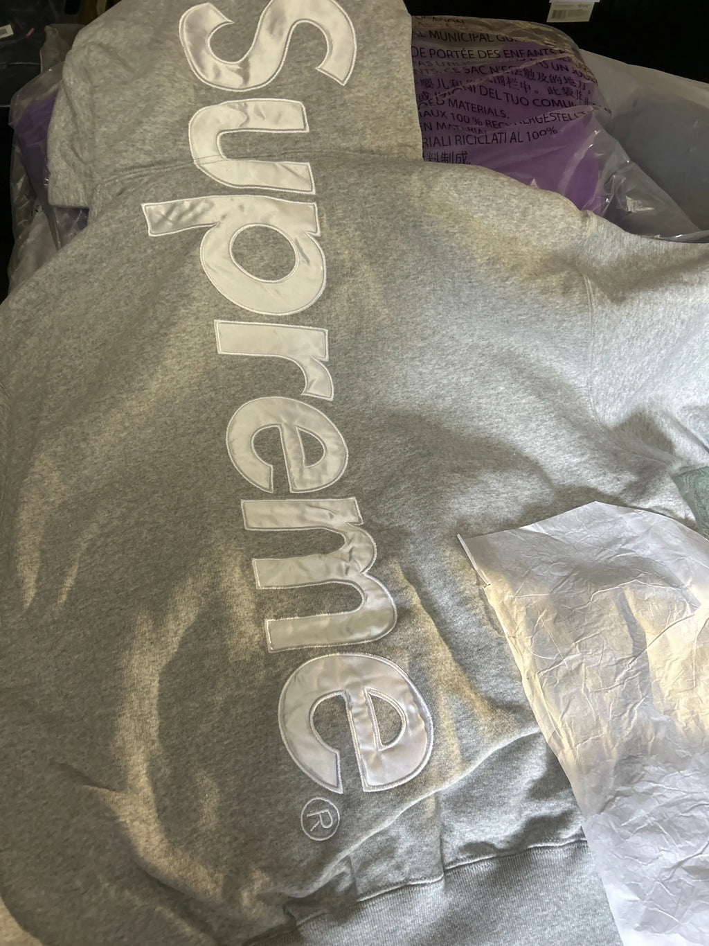 Supreme Satin Appliqué Hooded Sweatshirt (FW25) Gray Medium